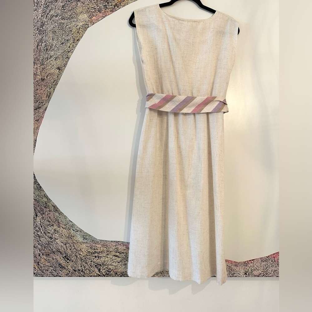 ☀️ Vintage Linen/cotton Sleveless belted dress cream natural purple sz 6 spring